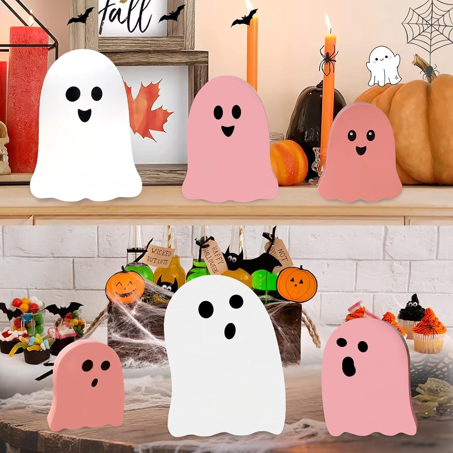 Cute Ghost Halloween Decorations Indoor: 6PCS Wooden Ghost Decor Pink Halloween Decor Table Signs for Party Home Mantel Display