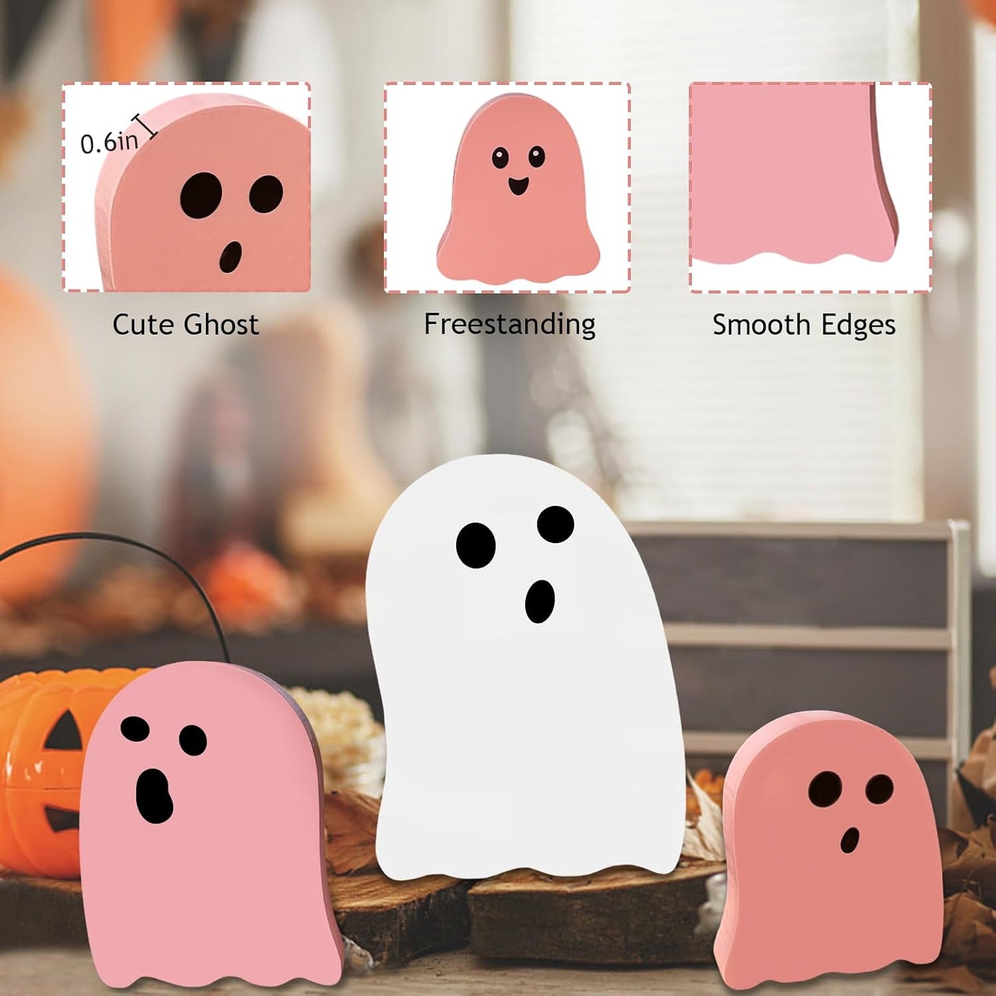 Cute Ghost Halloween Decorations Indoor: 6PCS Wooden Ghost Decor Pink Halloween Decor Table Signs for Party Home Mantel Display