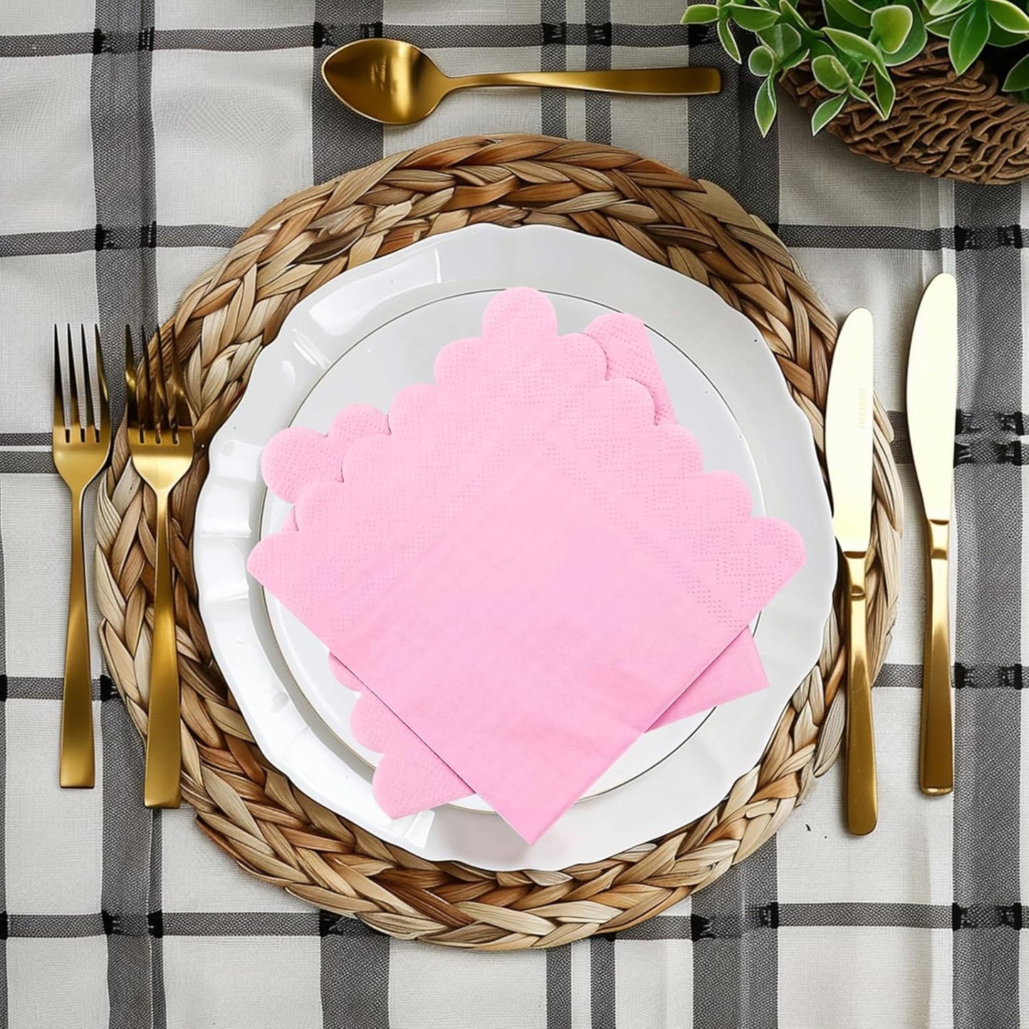 3-ply Cocktail Napkins, 5 x 5 Inch100pcs Scalloped Beverage Napkins Disposable Paper Napkins Dessert Napkins for Bridal Anniversary Baby Shower Birthday Wedding Party Supplies (pink)