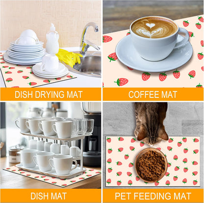 Strawberry Kitchen Decor-Pink Drying Mat,Absorbent and Non-Slip Kitchen Mat for Sink,Dish Rack Coffee Bar,Cute Kitchens Mats that Protects Countertops Dries Dishes Fast 12x20 Inches