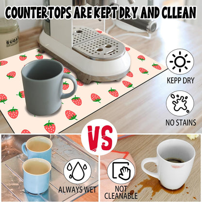 Strawberry Kitchen Decor-Pink Drying Mat,Absorbent and Non-Slip Kitchen Mat for Sink,Dish Rack Coffee Bar,Cute Kitchens Mats that Protects Countertops Dries Dishes Fast 12x20 Inches
