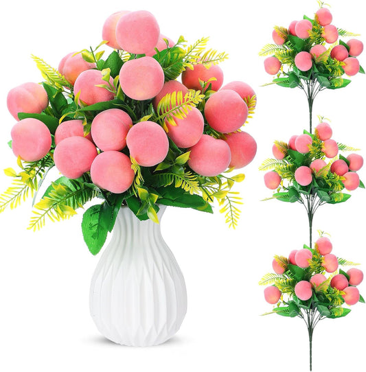 Daifunli 4 Pack 16 Inch Artificial Peach Branches with 12 Fruit Realistic Fake Peach Bouquet with Leaves Faux Fruit Flowers Table Centerpiece for Vase Home Party Wedding Decoration
