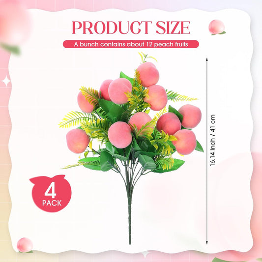 Daifunli 4 Pack 16 Inch Artificial Peach Branches with 12 Fruit Realistic Fake Peach Bouquet with Leaves Faux Fruit Flowers Table Centerpiece for Vase Home Party Wedding Decoration
