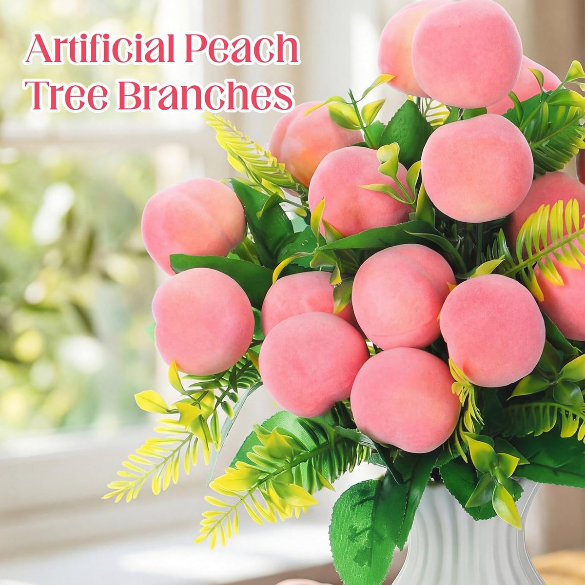 Daifunli 4 Pack 16 Inch Artificial Peach Branches with 12 Fruit Realistic Fake Peach Bouquet with Leaves Faux Fruit Flowers Table Centerpiece for Vase Home Party Wedding Decoration