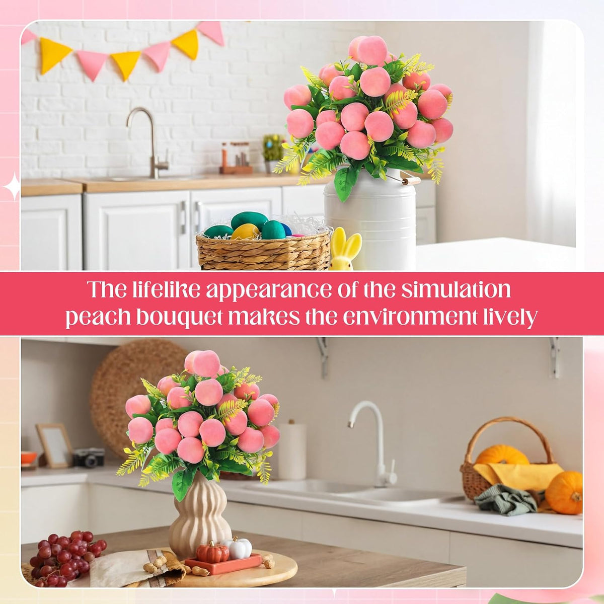 Daifunli 4 Pack 16 Inch Artificial Peach Branches with 12 Fruit Realistic Fake Peach Bouquet with Leaves Faux Fruit Flowers Table Centerpiece for Vase Home Party Wedding Decoration