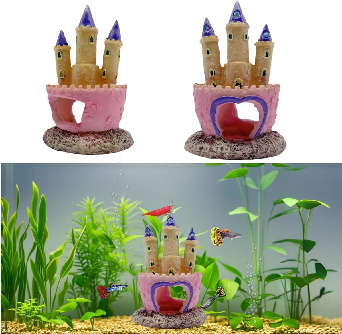 Small Cartoon Aquarium Castle Decor, Mini Cute Pink Castle Hide Cave Hideouts for Small Fishes Shrimp Crab Fish Larvaes Cichlid, Princess Style Castles Statue Birthday Party Table Decor - 11 x 8 cm