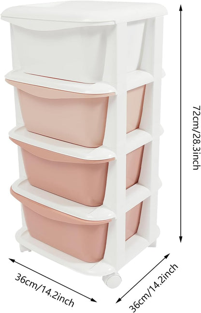 4 Drawers Plastic Storage Cart,4 Tier Storage Unit,Storage Tower on Wheels for Bedroom Living Room,Pink