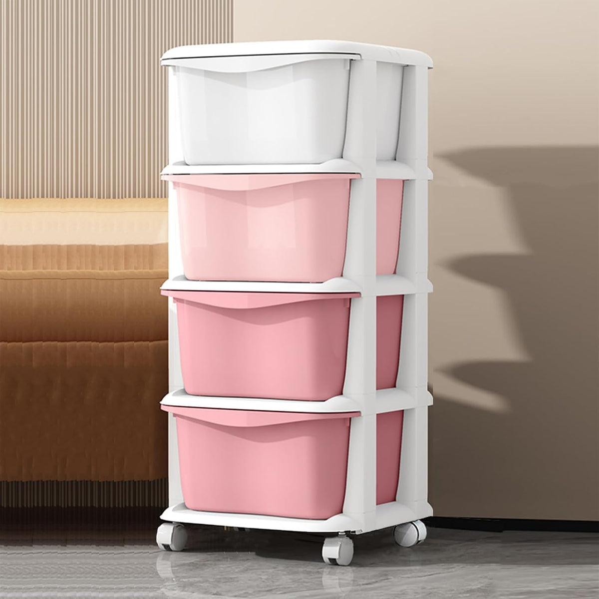 4 Drawers Plastic Storage Cart,4 Tier Storage Unit,Storage Tower on Wheels for Bedroom Living Room,Pink