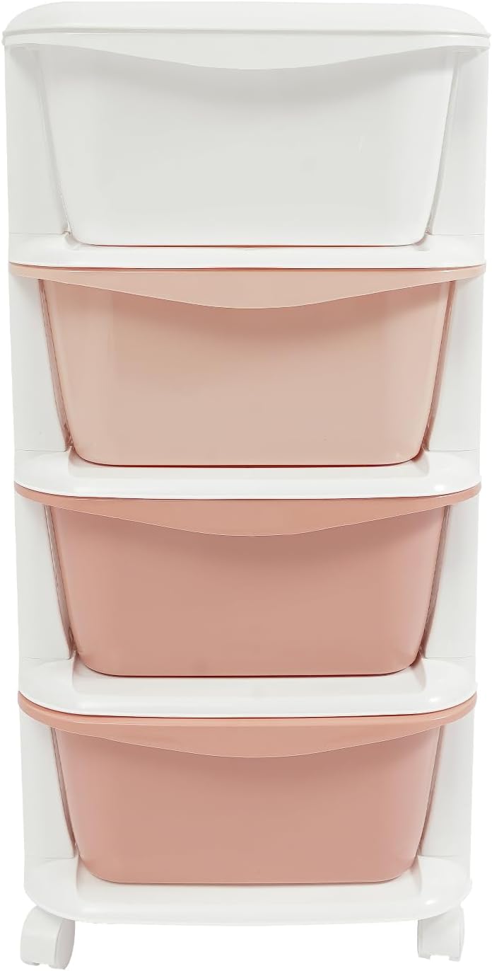 4 Drawers Plastic Storage Cart,4 Tier Storage Unit,Storage Tower on Wheels for Bedroom Living Room,Pink
