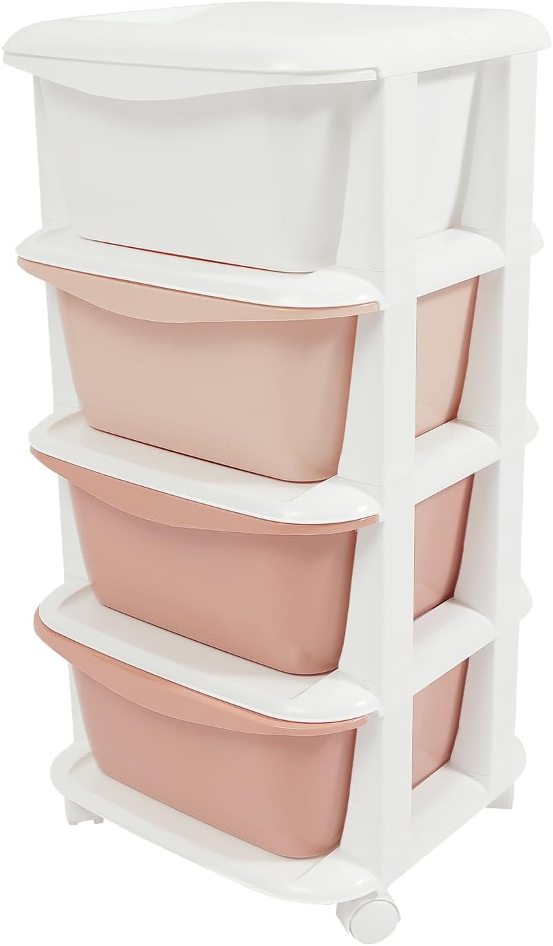 4 Drawers Plastic Storage Cart,4 Tier Storage Unit,Storage Tower on Wheels for Bedroom Living Room,Pink