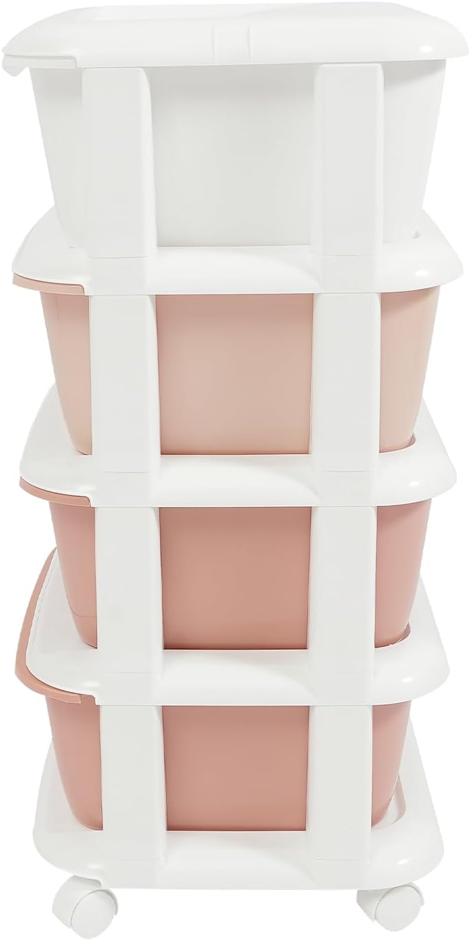 4 Drawers Plastic Storage Cart,4 Tier Storage Unit,Storage Tower on Wheels for Bedroom Living Room,Pink