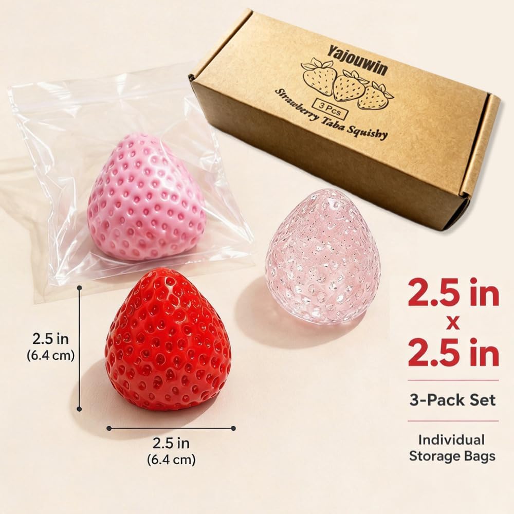 Handmade Strawberry Taba Squishy Toys: 3Pcs Ultra Squishies Squishy Fidget Toys Kawaii Squeeze Toys for Kids and Adults,Relieves Stress Anxiety Gifts for Birthday,Party (Pink Red Transparent Powder)