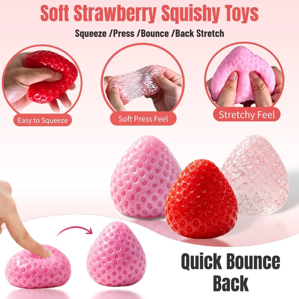 Handmade Strawberry Taba Squishy Toys: 3Pcs Ultra Squishies Squishy Fidget Toys Kawaii Squeeze Toys for Kids and Adults,Relieves Stress Anxiety Gifts for Birthday,Party (Pink Red Transparent Powder)