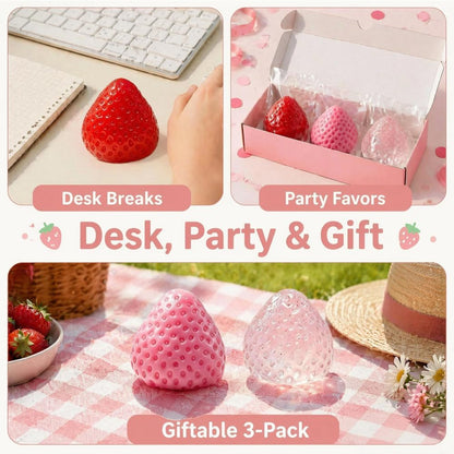 Handmade Strawberry Taba Squishy Toys: 3Pcs Ultra Squishies Squishy Fidget Toys Kawaii Squeeze Toys for Kids and Adults,Relieves Stress Anxiety Gifts for Birthday,Party (Pink Red Transparent Powder)