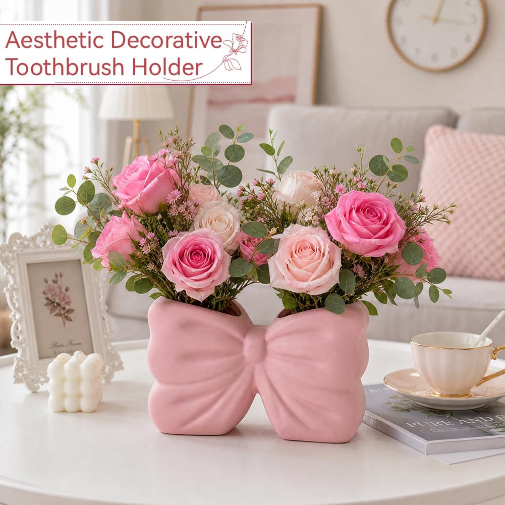 Pink Bow Toothbrush Holder Girly Bathroom Decor Gift