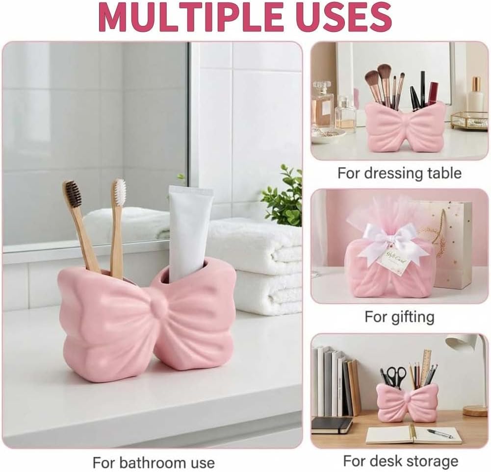 Pink Bow Toothbrush Holder Girly Bathroom Decor Gift