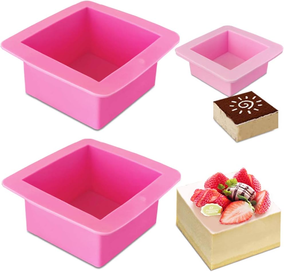 3 Pcs Non-Stick Square Baking Silicone Molds, Quick Release Bread Pan Bakeware Tray for Cheese Cake Tier Cake Handmade Toast Mold Bread Mould Soap Mold - Rose Red, Pink