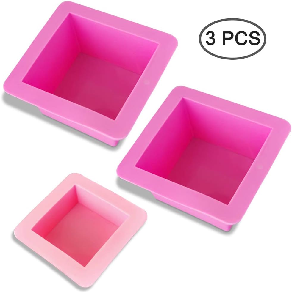 3 Pcs Non-Stick Square Baking Silicone Molds, Quick Release Bread Pan Bakeware Tray for Cheese Cake Tier Cake Handmade Toast Mold Bread Mould Soap Mold - Rose Red, Pink
