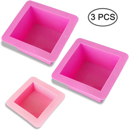 3 Pcs Non-Stick Square Baking Silicone Molds, Quick Release Bread Pan Bakeware Tray for Cheese Cake Tier Cake Handmade Toast Mold Bread Mould Soap Mold - Rose Red, Pink