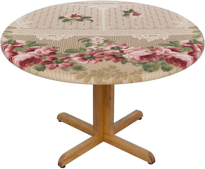 Romantic Victorian Pink Floral Round Table Cloth Waterproof Elastic Fitted Tablecloths for Dining Camping Outdoor 39.4 Inch