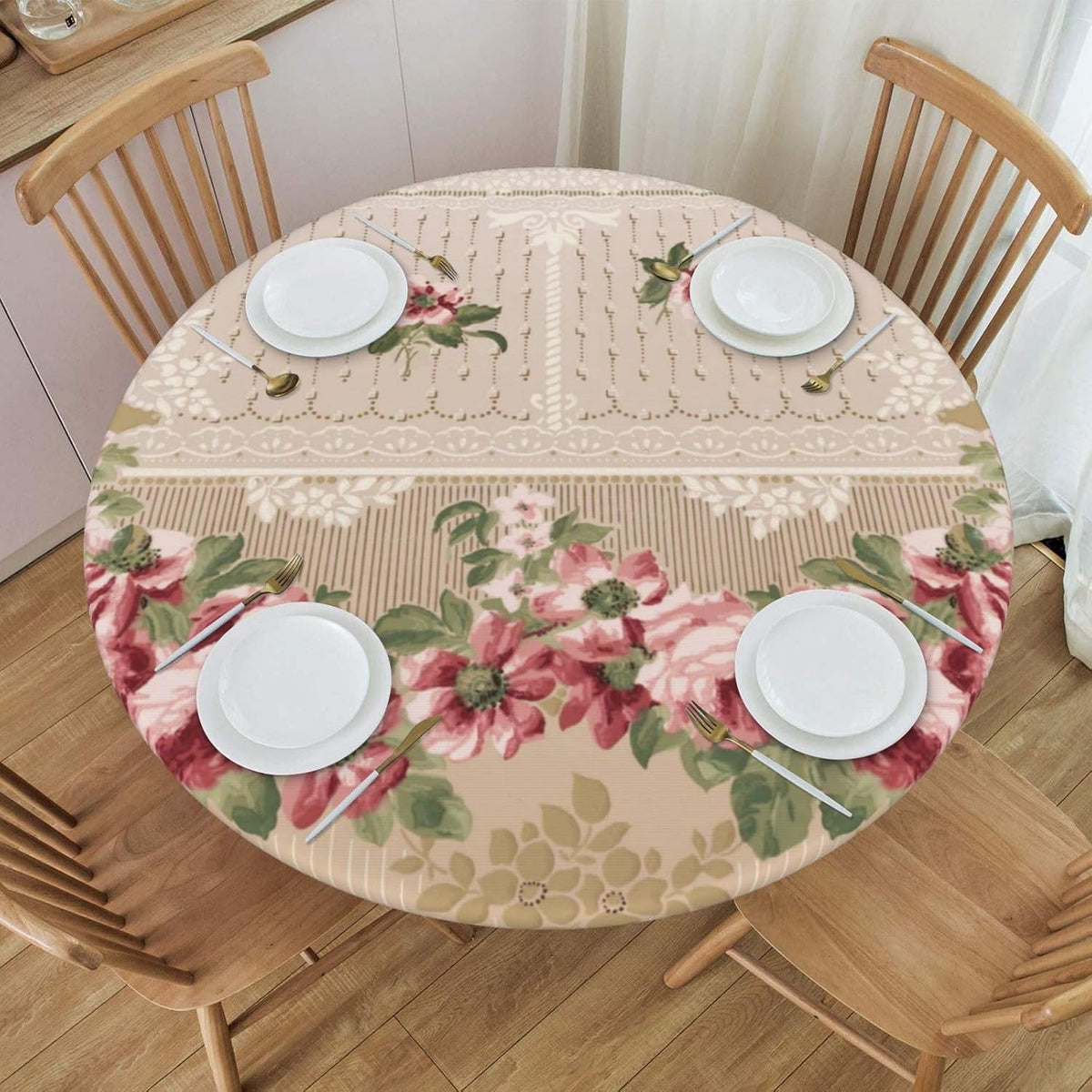 Romantic Victorian Pink Floral Round Table Cloth Waterproof Elastic Fitted Tablecloths for Dining Camping Outdoor 39.4 Inch