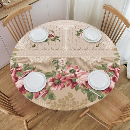 Romantic Victorian Pink Floral Round Table Cloth Waterproof Elastic Fitted Tablecloths for Dining Camping Outdoor 39.4 Inch
