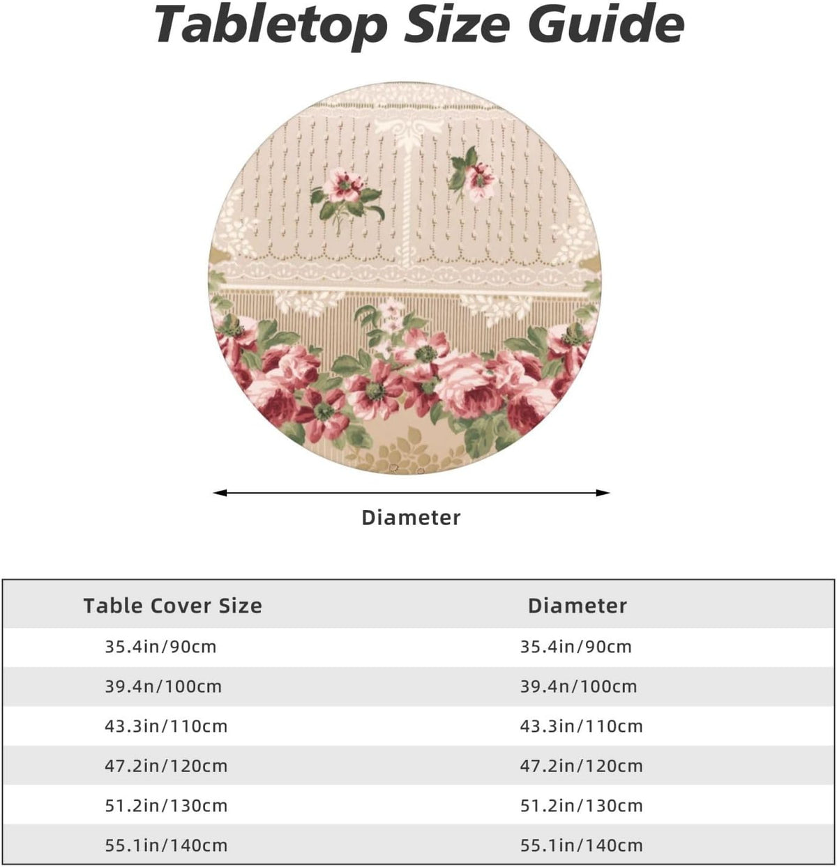 Romantic Victorian Pink Floral Round Table Cloth Waterproof Elastic Fitted Tablecloths for Dining Camping Outdoor 39.4 Inch