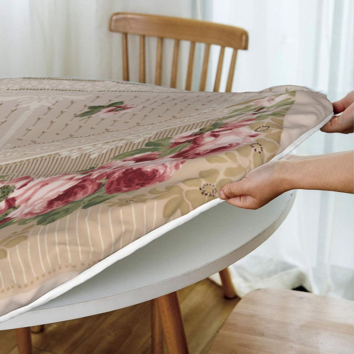 Romantic Victorian Pink Floral Round Table Cloth Waterproof Elastic Fitted Tablecloths for Dining Camping Outdoor 39.4 Inch