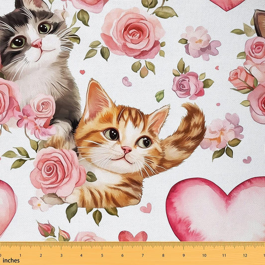 Cute Cat Fabric by The Yard,Lovely Kitten Pet Animals Decor Fabric for Sewing Supplies,Pink Rose Flower Fabrics Soft Polyester No Stretch,Pink 1 Yard,36" L x 59" W