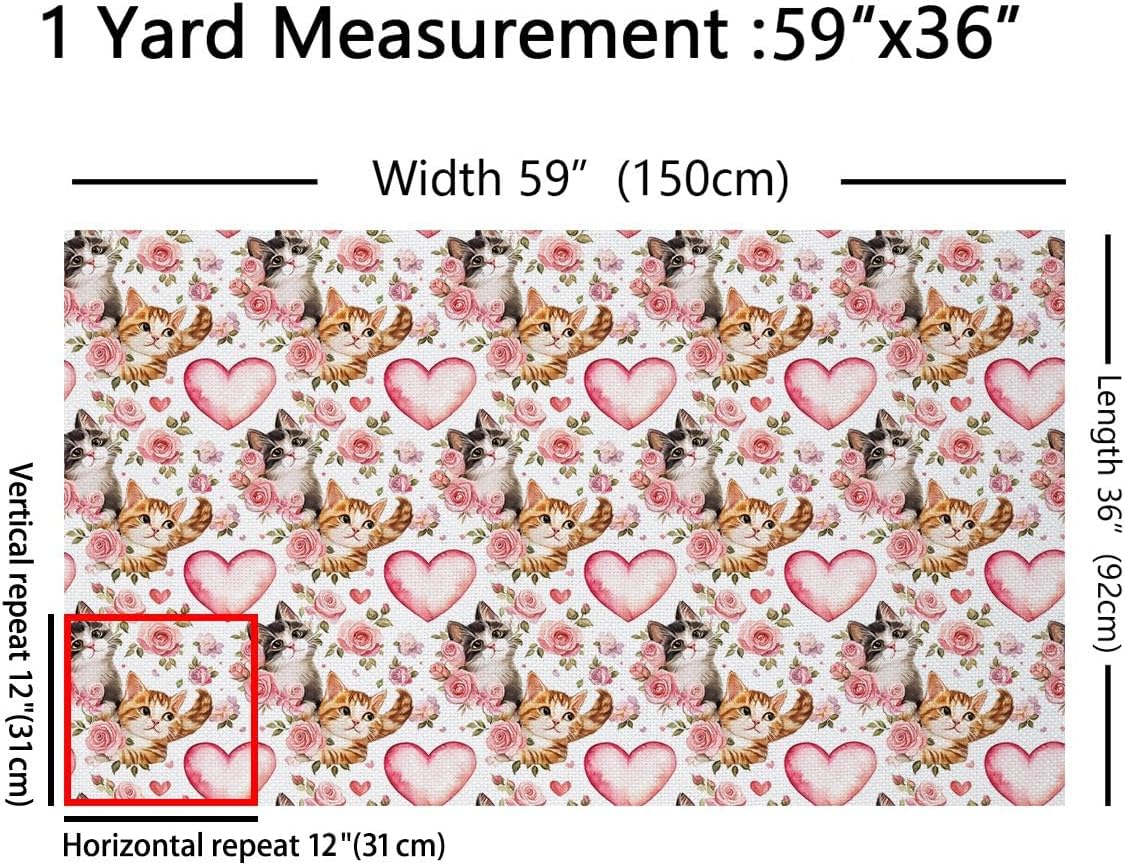 Cute Cat Fabric by The Yard,Lovely Kitten Pet Animals Decor Fabric for Sewing Supplies,Pink Rose Flower Fabrics Soft Polyester No Stretch,Pink 1 Yard,36" L x 59" W