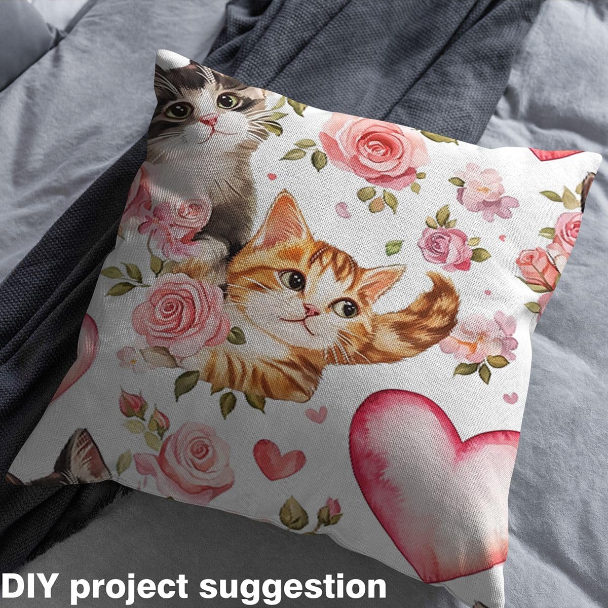 Cute Cat Fabric by The Yard,Lovely Kitten Pet Animals Decor Fabric for Sewing Supplies,Pink Rose Flower Fabrics Soft Polyester No Stretch,Pink 1 Yard,36" L x 59" W