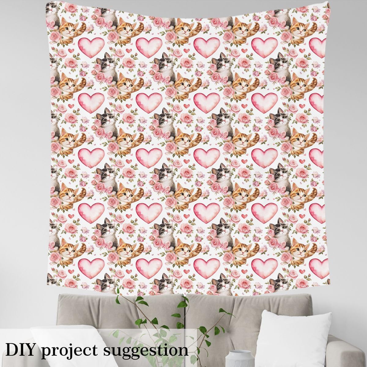 Cute Cat Fabric by The Yard,Lovely Kitten Pet Animals Decor Fabric for Sewing Supplies,Pink Rose Flower Fabrics Soft Polyester No Stretch,Pink 1 Yard,36" L x 59" W