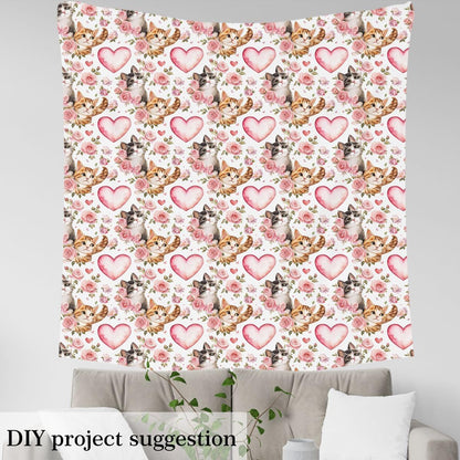 Cute Cat Fabric by The Yard,Lovely Kitten Pet Animals Decor Fabric for Sewing Supplies,Pink Rose Flower Fabrics Soft Polyester No Stretch,Pink 1 Yard,36" L x 59" W