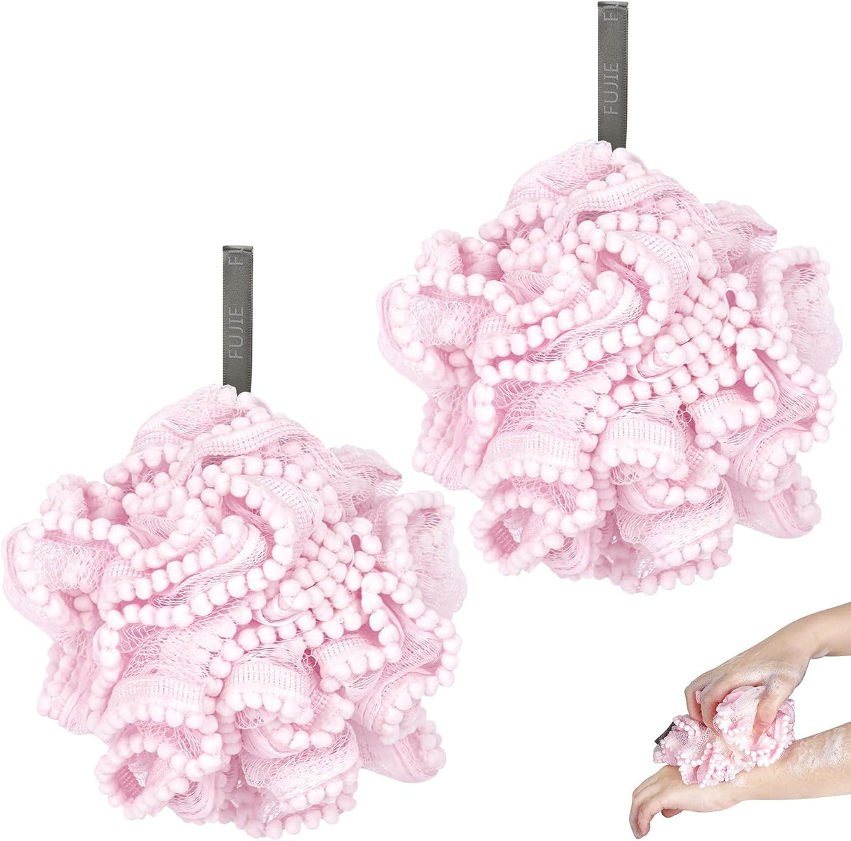 Pink Loofah, Shower Bath Spong, Soft Shower Loofahs Balls, Globose lace Shower Ball, for Body Wash Scrubber Cleaning Loofah Bathroom Accessories (2Pcs Pink)