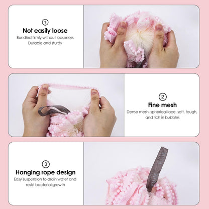 Pink Loofah, Shower Bath Spong, Soft Shower Loofahs Balls, Globose lace Shower Ball, for Body Wash Scrubber Cleaning Loofah Bathroom Accessories (2Pcs Pink)