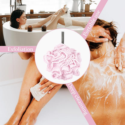 Pink Loofah, Shower Bath Spong, Soft Shower Loofahs Balls, Globose lace Shower Ball, for Body Wash Scrubber Cleaning Loofah Bathroom Accessories (2Pcs Pink)