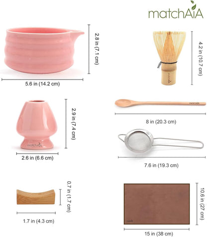 Matcha Whisk Set - Ceramic Bowl, Bamboo Whisk with Holder, Sifter, Schima Spoon, Spoon Rest and Tea Towel - 7 Pcs Complete Kit for Traditional Matcha and Modern Lattes (Pink)