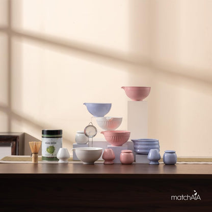 Matcha Whisk Set - Ceramic Bowl, Bamboo Whisk with Holder, Sifter, Schima Spoon, Spoon Rest and Tea Towel - 7 Pcs Complete Kit for Traditional Matcha and Modern Lattes (Pink)