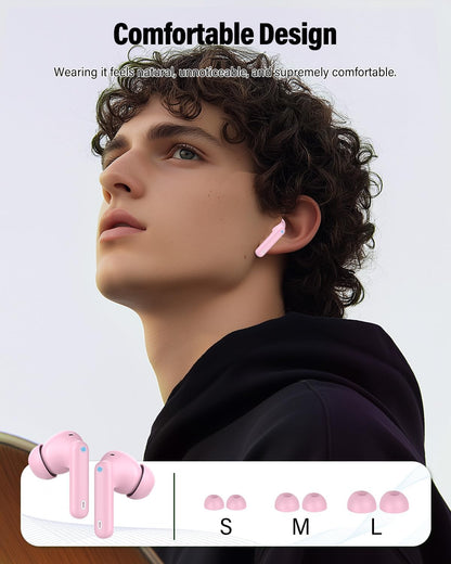 Wireless Earbuds, Bluetooth 5.4 Headphones Bass Stereo/Clear Calls, Pink