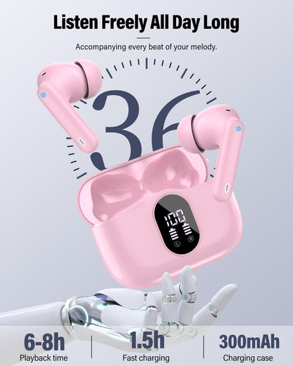 Wireless Earbuds, Bluetooth 5.4 Headphones Bass Stereo/Clear Calls, Pink