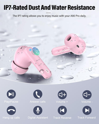 Wireless Earbuds, Bluetooth 5.4 Headphones Bass Stereo/Clear Calls, Pink