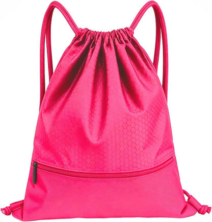 Sports Drawstring Backpack for Men, Waterproof Swim Gym Bag with Shoes Compartment for Women, Lightweight Pull String Sport Bag for Swim, Soccer, Pink&Large