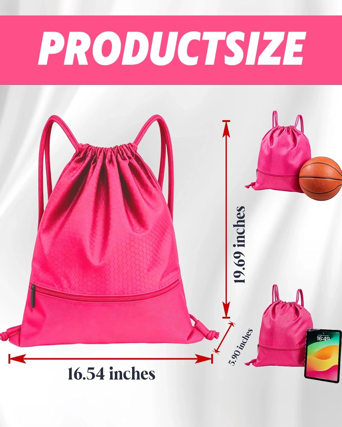 Sports Drawstring Backpack for Men, Waterproof Swim Gym Bag with Shoes Compartment for Women, Lightweight Pull String Sport Bag for Swim, Soccer, Pink&Large
