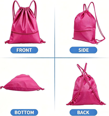 Sports Drawstring Backpack for Men, Waterproof Swim Gym Bag with Shoes Compartment for Women, Lightweight Pull String Sport Bag for Swim, Soccer, Pink&Large