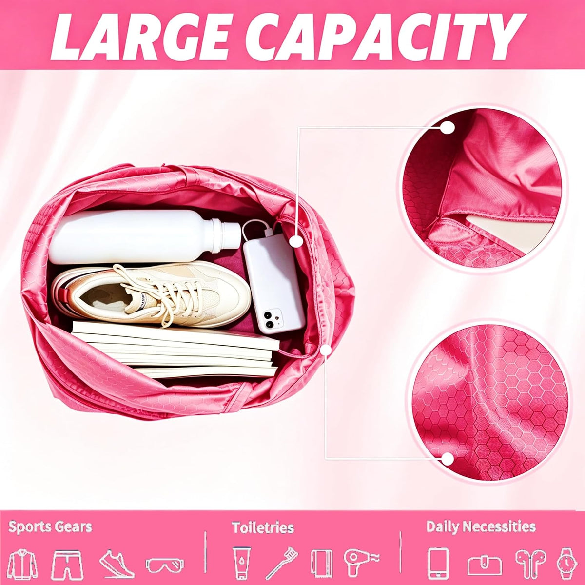 Sports Drawstring Backpack for Men, Waterproof Swim Gym Bag with Shoes Compartment for Women, Lightweight Pull String Sport Bag for Swim, Soccer, Pink&Large