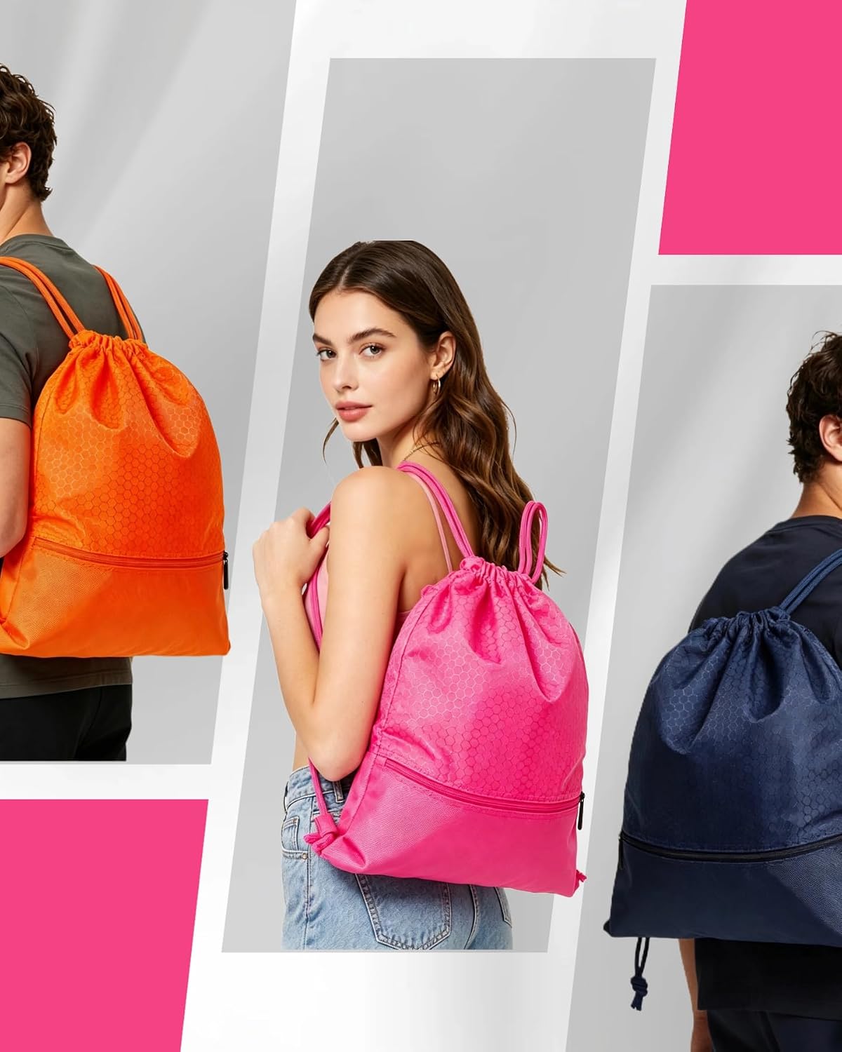 Sports Drawstring Backpack for Men, Waterproof Swim Gym Bag with Shoes Compartment for Women, Lightweight Pull String Sport Bag for Swim, Soccer, Pink&Large