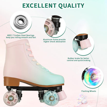 Women's Roller Skates,Double Row Skates Adjustable Leather High-top Roller Skates Perfect Indoor Outdoor Adult Roller Skates with Bag