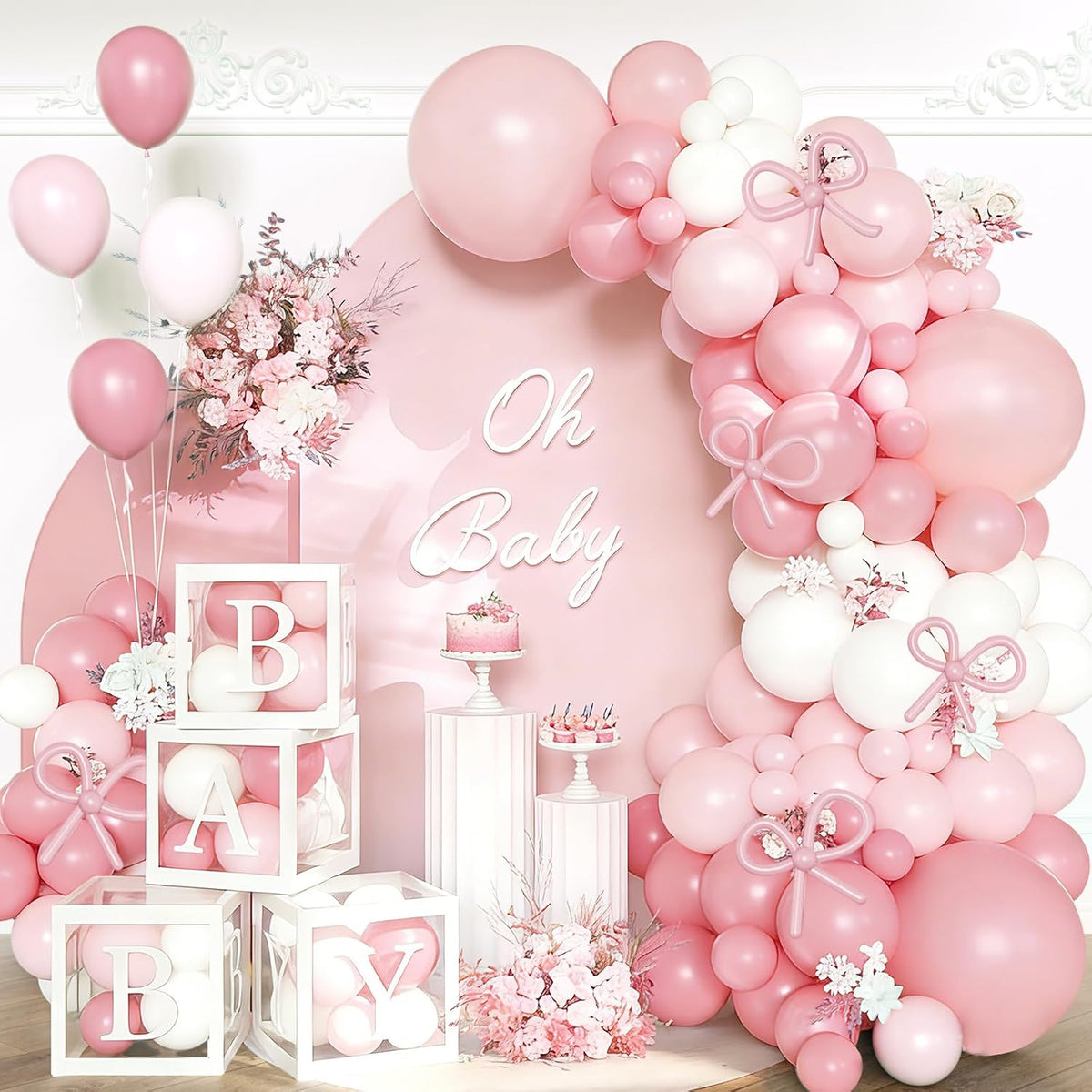 170Pcs Coquette Pink Bow Baby Shower Decorations for Girl - Soft Pink Balloon Arch Garland Kit with 4 Baby Boxes - DIY Long Balloons for Bows, Princess Birthday Party Supplies, Gender Reveal