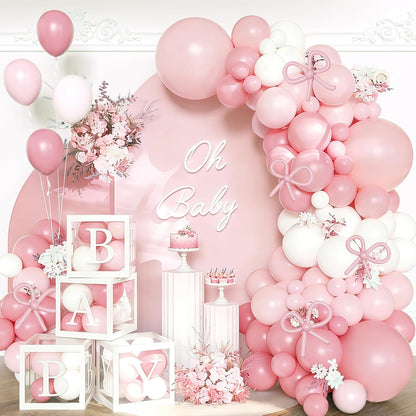 170Pcs Coquette Pink Bow Baby Shower Decorations for Girl - Soft Pink Balloon Arch Garland Kit with 4 Baby Boxes - DIY Long Balloons for Bows, Princess Birthday Party Supplies, Gender Reveal