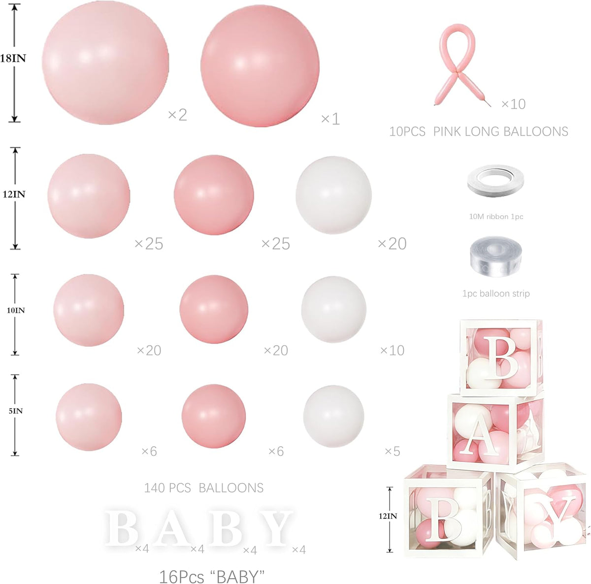 170Pcs Coquette Pink Bow Baby Shower Decorations for Girl - Soft Pink Balloon Arch Garland Kit with 4 Baby Boxes - DIY Long Balloons for Bows, Princess Birthday Party Supplies, Gender Reveal